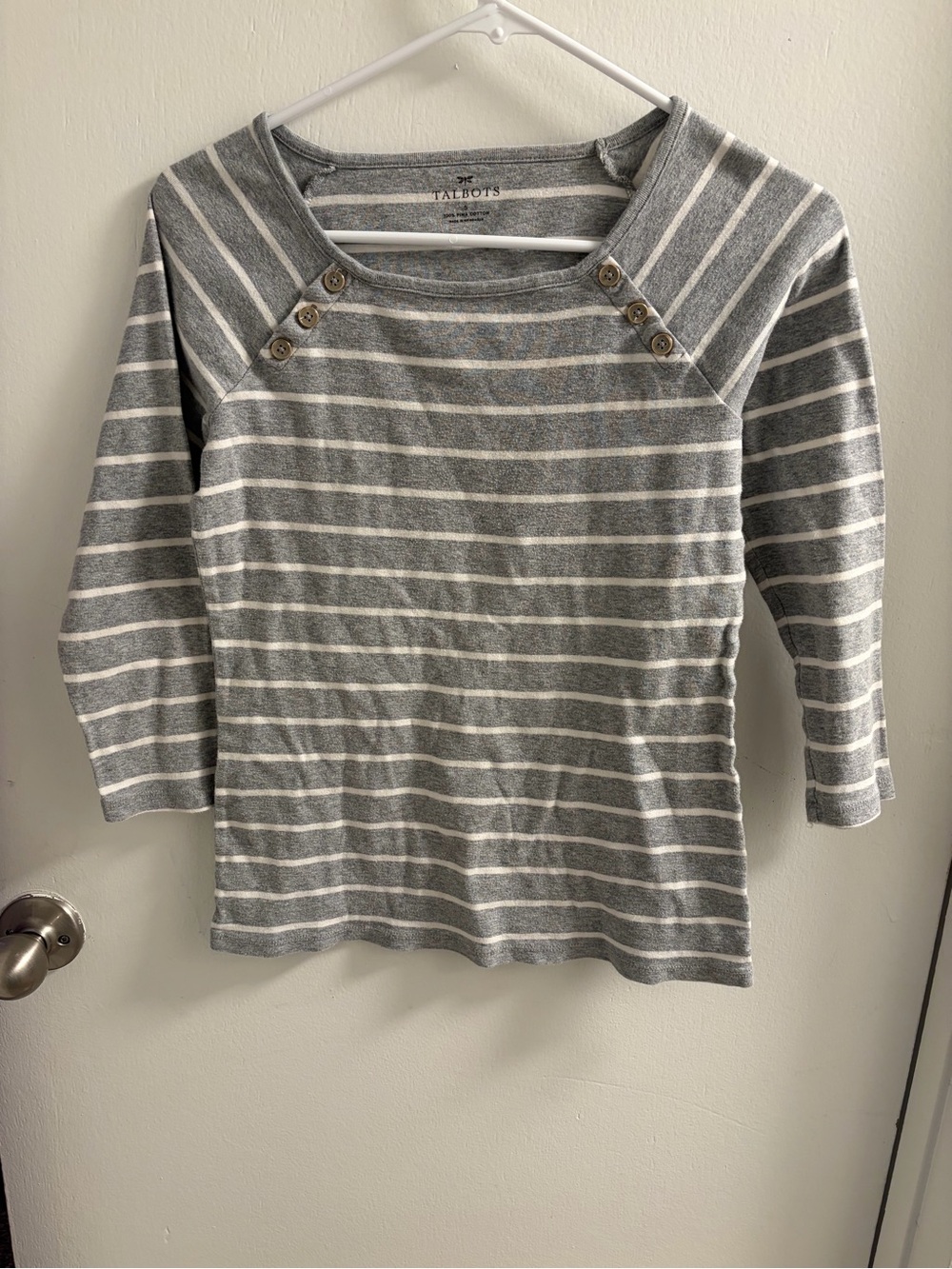 Talbots Gray & White Striped Boatneck Top with Shoulder Buttons